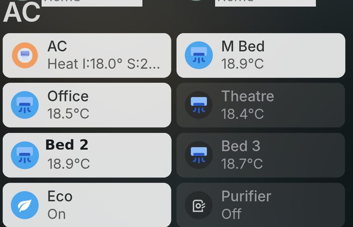 Per-room climate control: individual air conditioning temperatures for each bedroom, office and theatre room, with Eco mode on